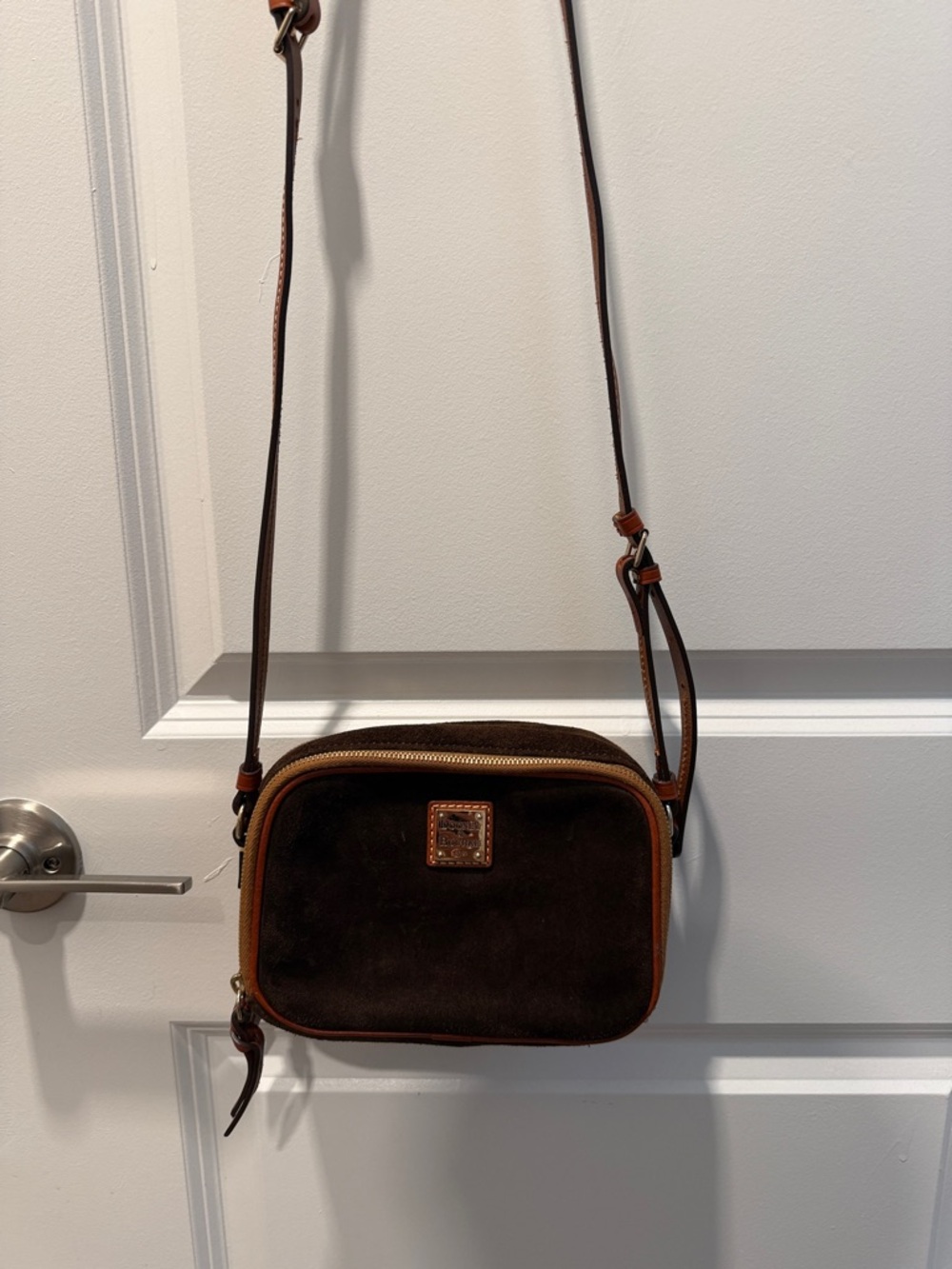 Dooney & Bourke Dark Brown Suede Crossbody with Tan Trim